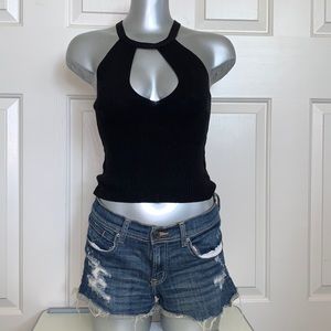 Black open cleavage knit ribbed top